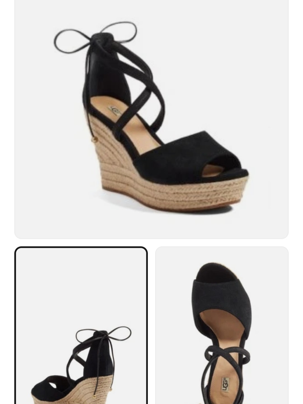 UGG Reagan Black Suede Espadrille Wedge with Wrap-Around Ankle Tie Size 6